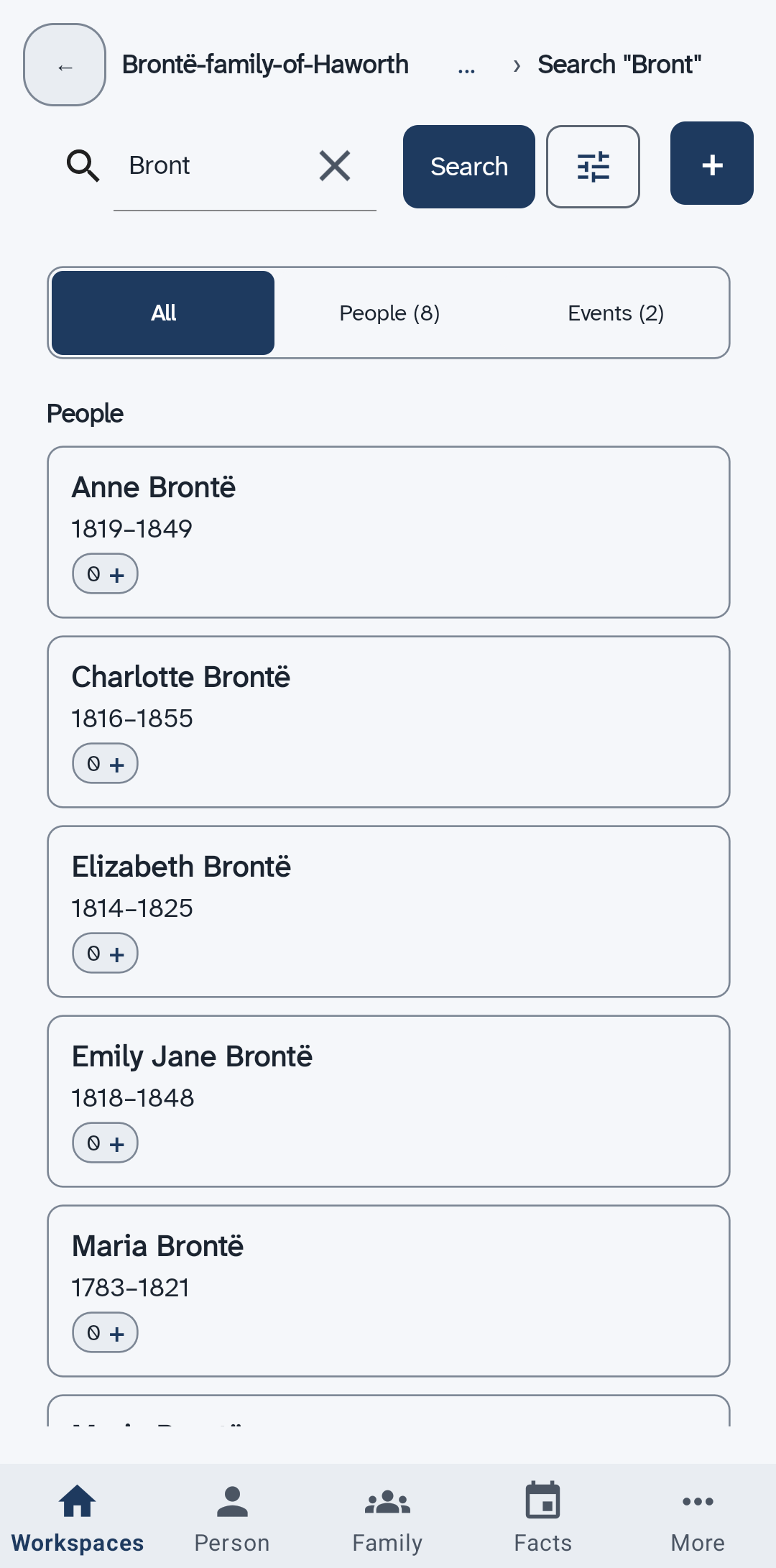 Search results for Bront, one card for each Brontë, with the bar of five tabs along the bottom of the screen