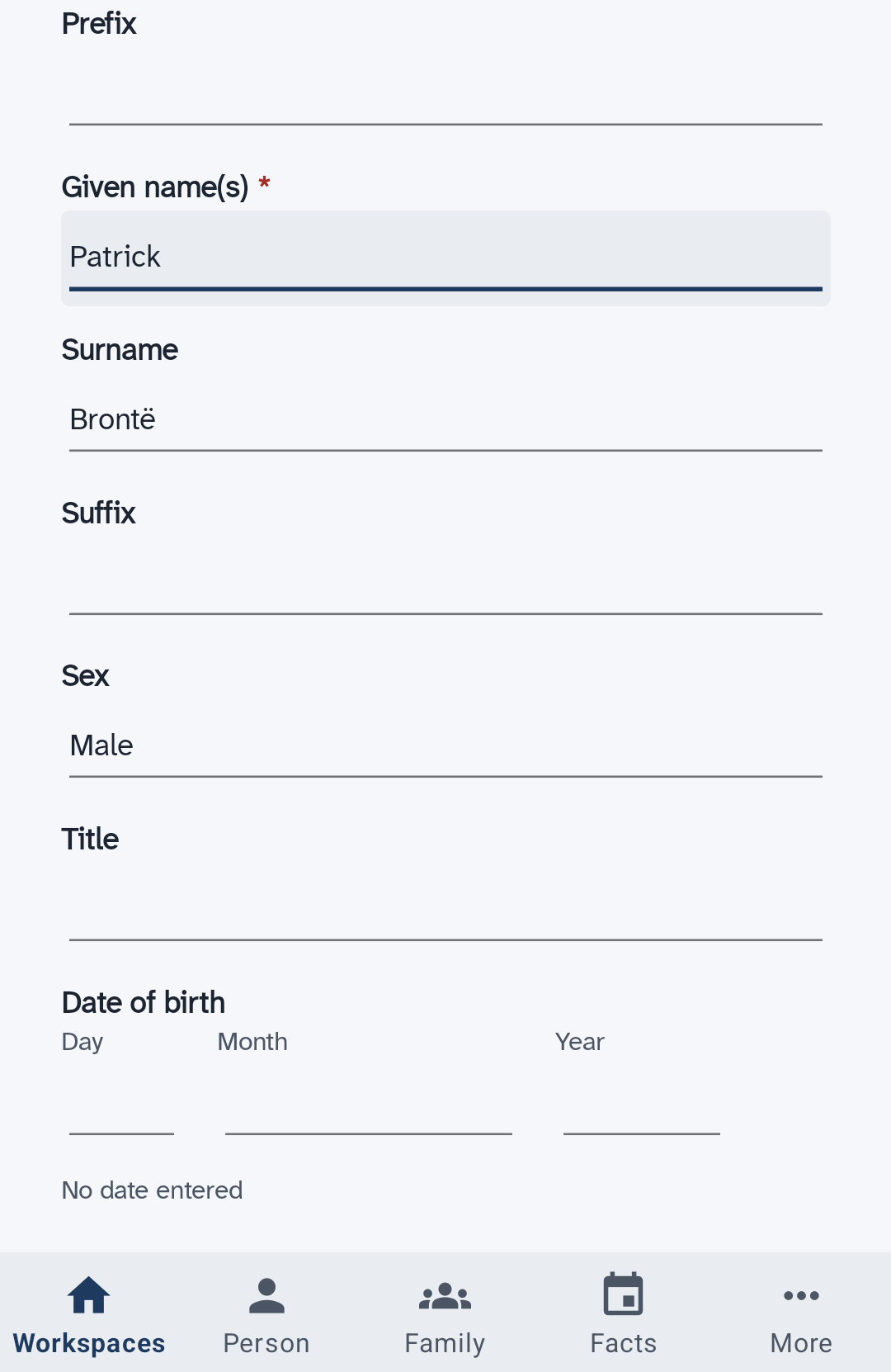 The form for a new person, with Patrick typed in the Given name(s) box and Brontë in the Surname box