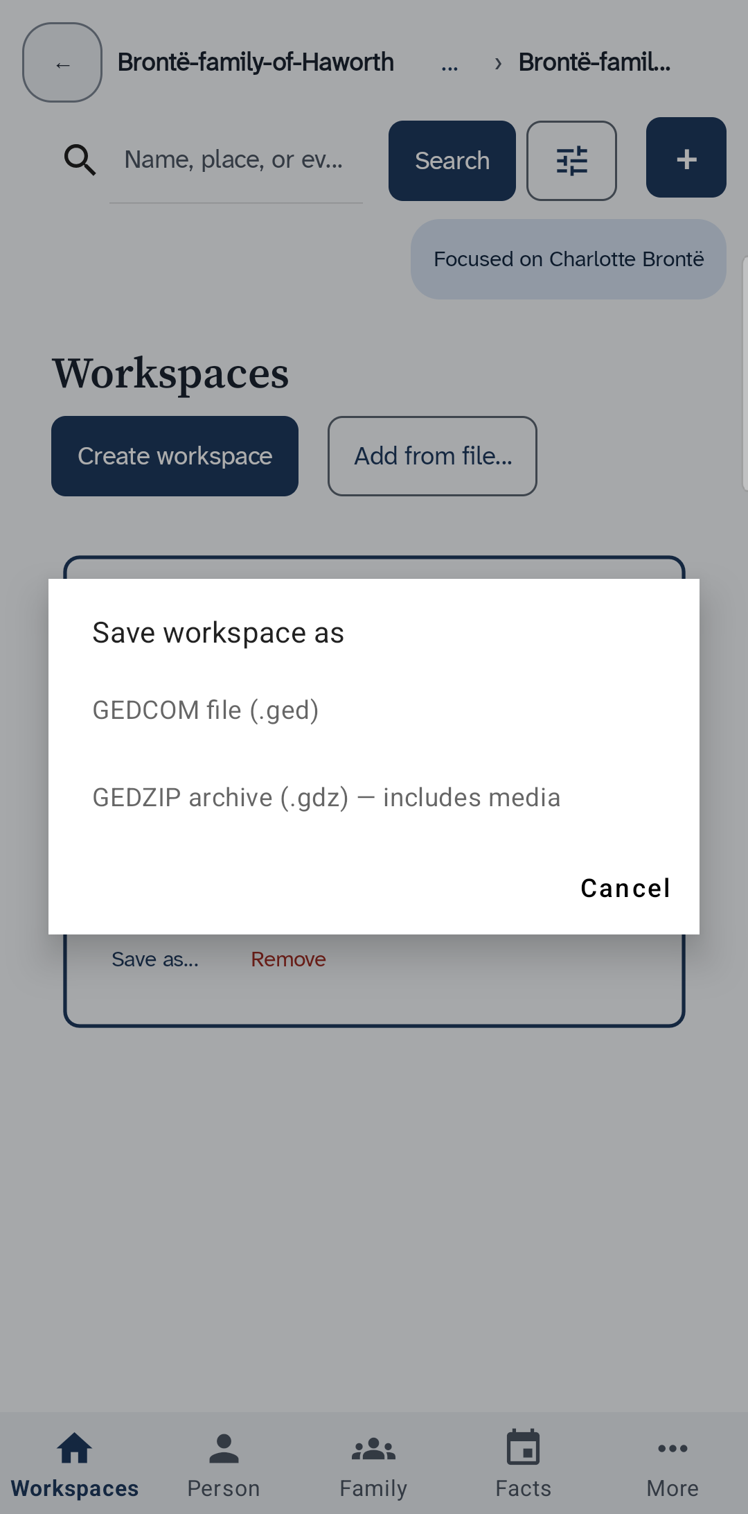 The two choices for saving a workspace as a file, with a Cancel button, over the Workspaces screen