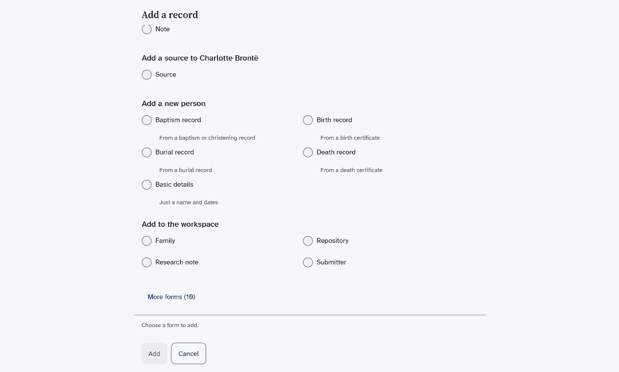The lower part of the Add a record list, with Basic details, Family, Repository, Research note, Submitter and a More forms button