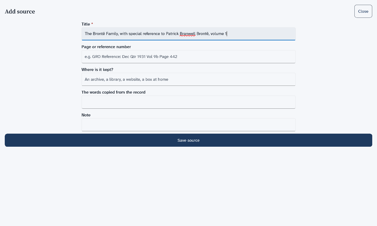 The Add source form, with the title of a book typed in the Title box