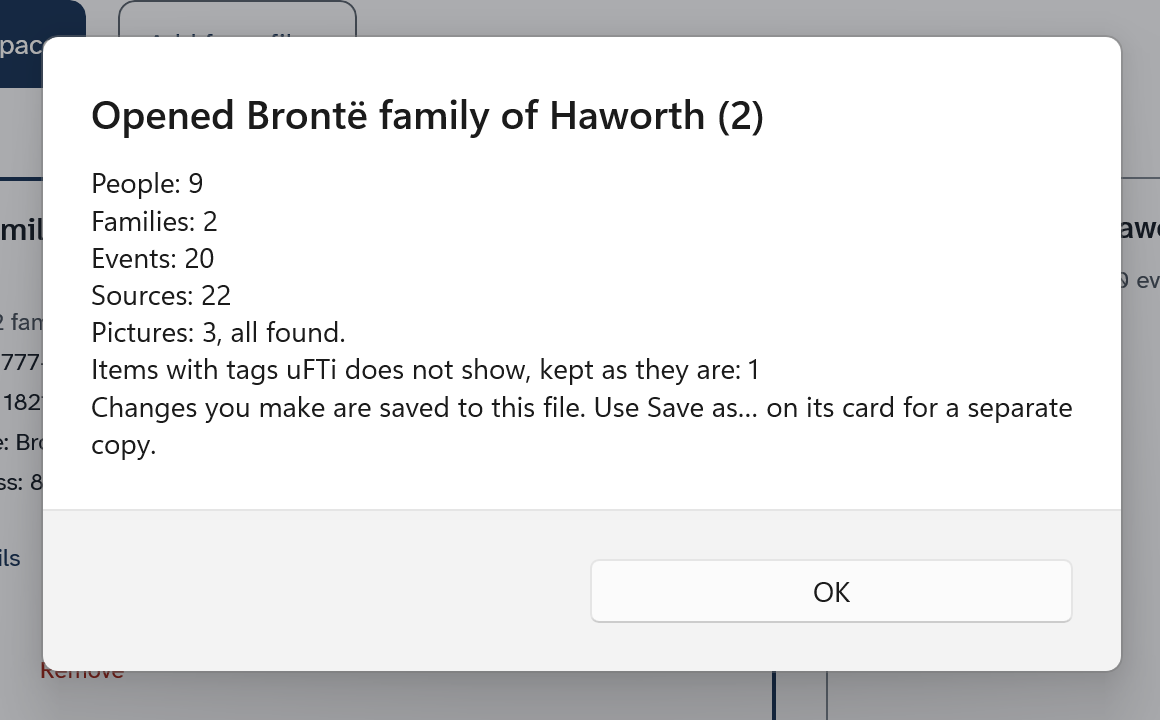 The summary after a file opens, titled Opened Brontë family of Haworth (2), listing nine people, two families, twenty events, twenty-two sources and three pictures, and saying that changes are saved to this file