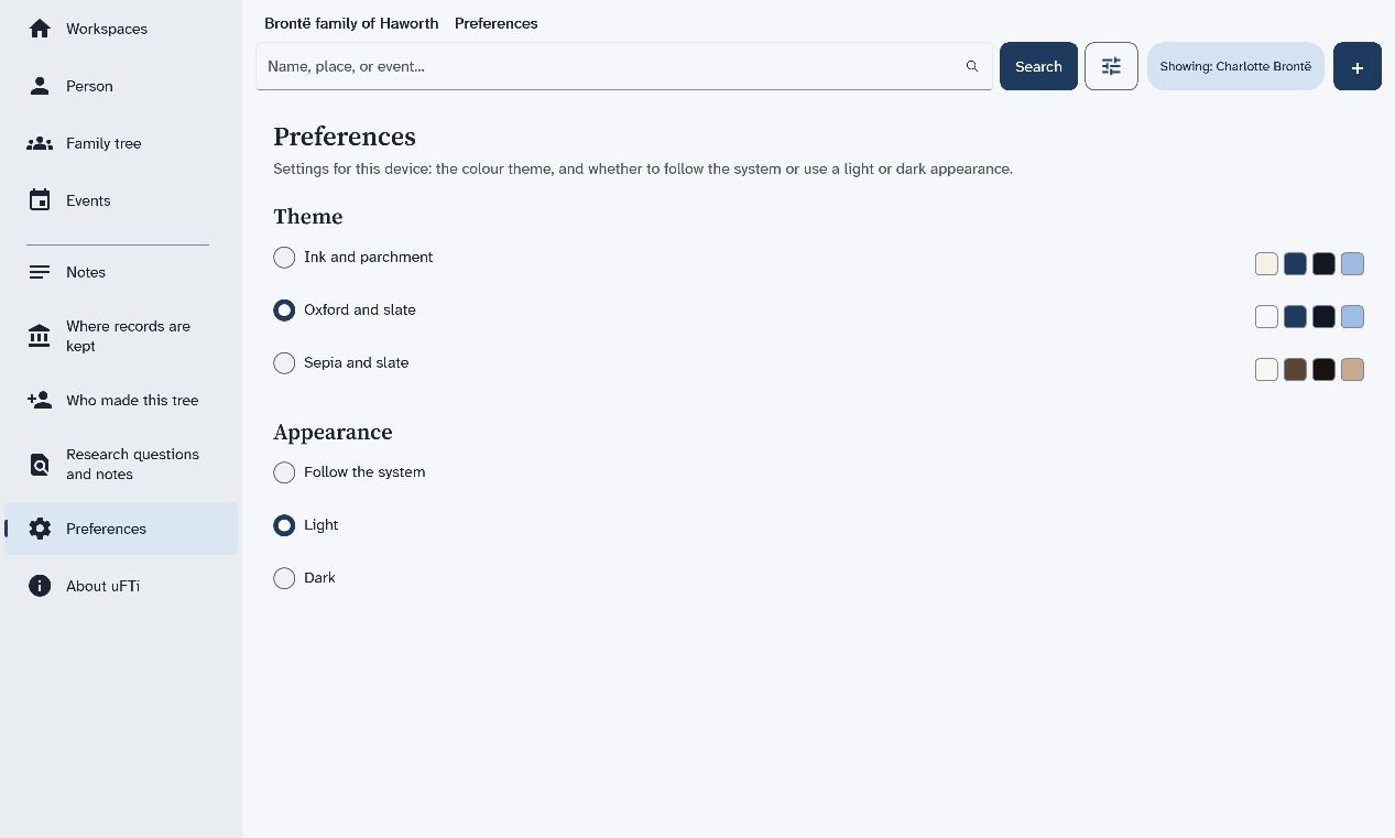 The Preferences page, with three themes and Oxford and slate chosen, and three looks and Light chosen