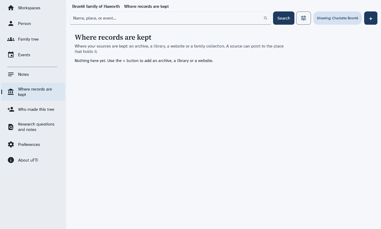 The Where records are kept page, with a line that says nothing is there yet and to use the plus button