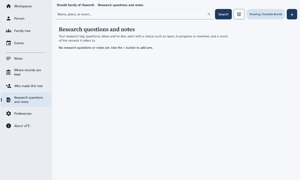The Research questions and notes page, with a line that says there are none yet and to use the plus button