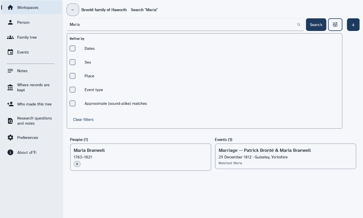 The Refine by panel under the search box, with check boxes for dates, sex, place, event type and sound-alike matches