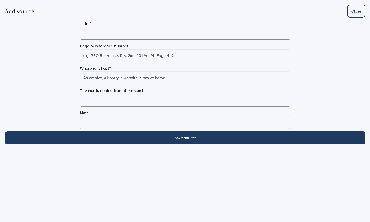 The new source form, with boxes for the title, the page, where it is kept, the words copied and a note, and a Save source button