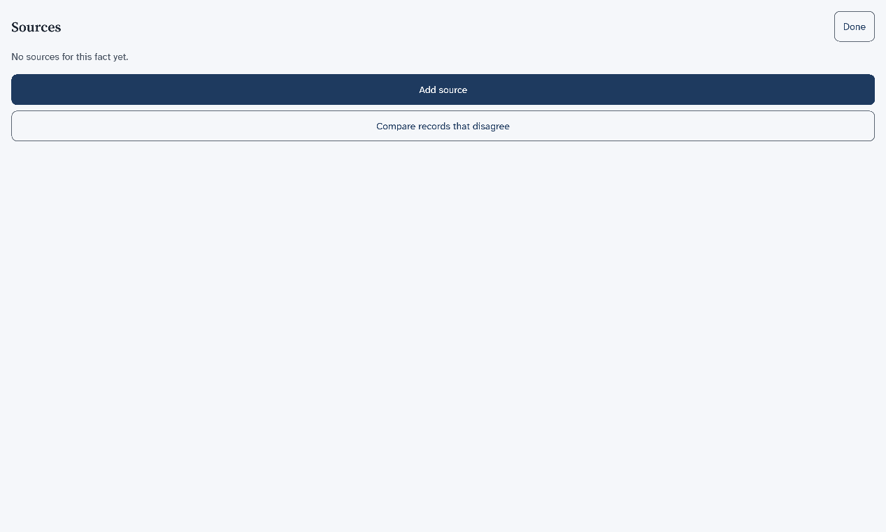 The Sources list for a birth with no sources, with the Add source and Compare records that disagree buttons
