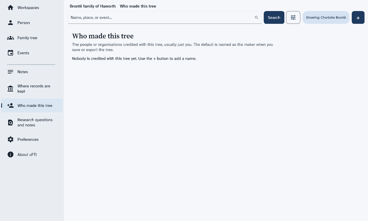 The Who made this tree page, with a line that says nobody is credited yet and to use the plus button